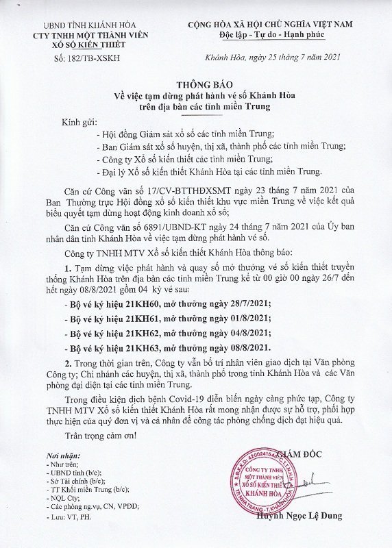 Công văn về việc XSKH dừng hoạt động kinh doanh từ ngày 26/7/2021 đến ngày 8/8/2021